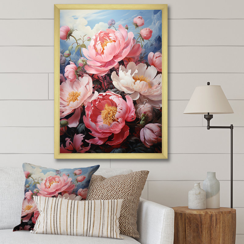 Meadow Peony Paradise - impressions sur toile florales et botaniques, H 32 po x l 16 po x P 1 po, Encadrement doré