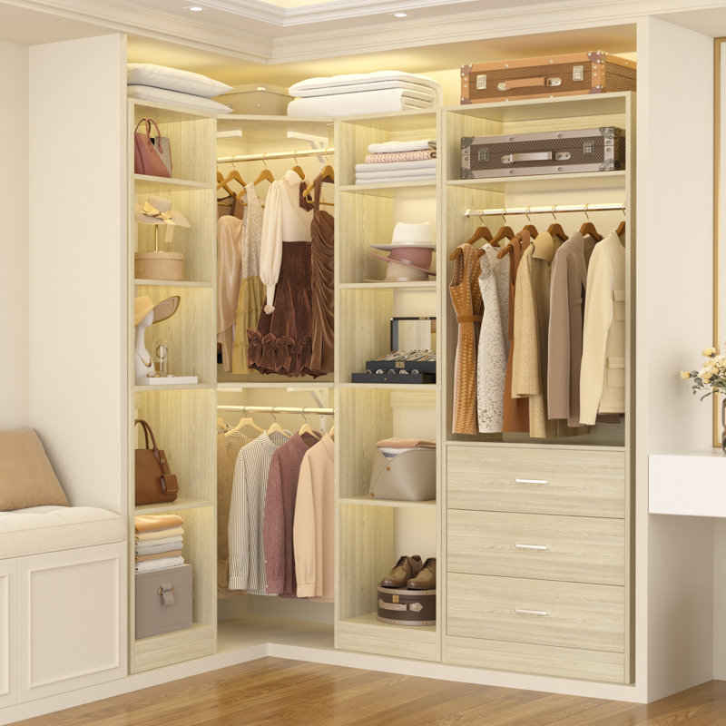 63.2" L X 39.2" W X 80" H Corner Closet System, Freestanding Closet Organizer System With 3 Drawers, Beige