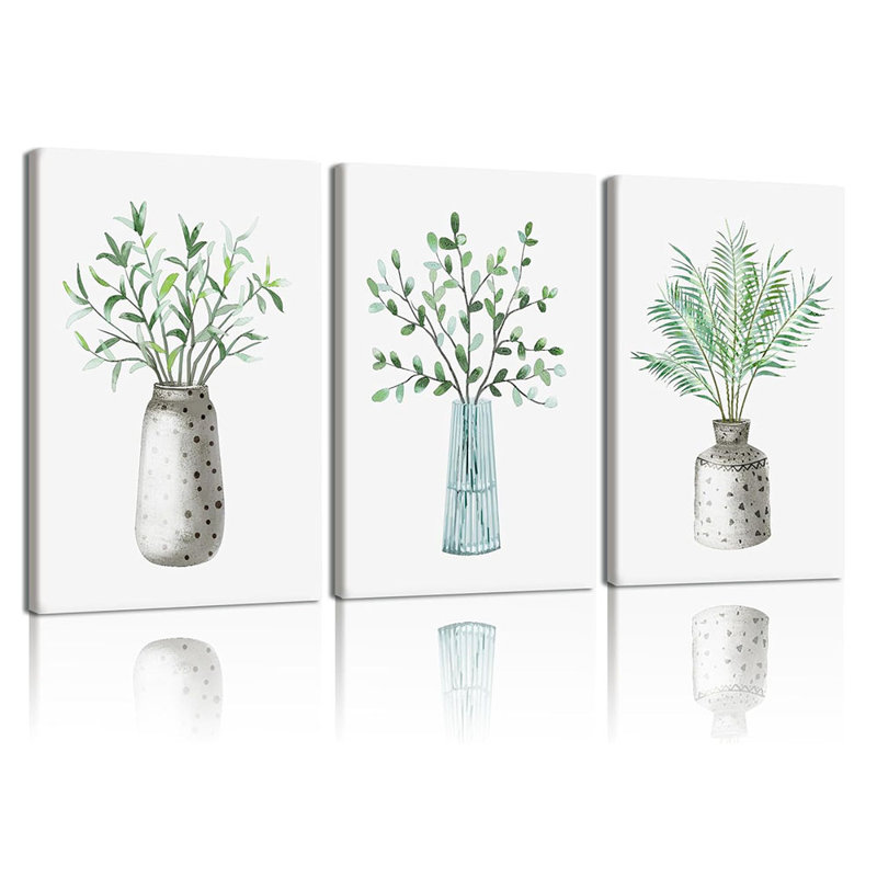 3 Pcs Farmhouse Green Plant Canvas Wall Art Natural Green Leaves Abstract Art Image Print Wall Decor Minimalist Botanical Print In Vase Bedroom Kitchen Wall Decor Framed
