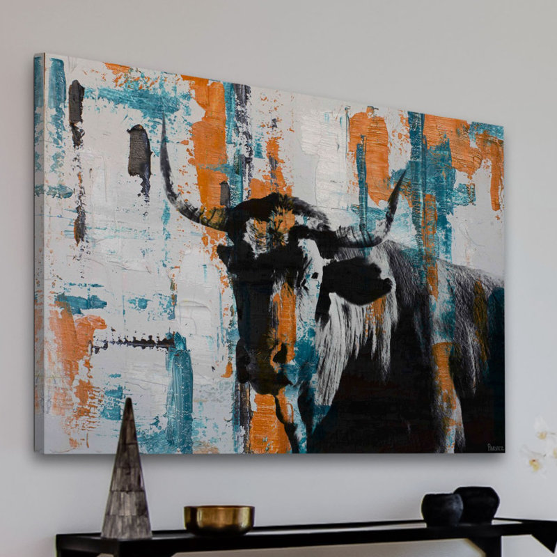 «Orange Teal Steer», reproduction de peinture acrylique sur toile tendue, H 30 po x l 45 po x P 1,5 po