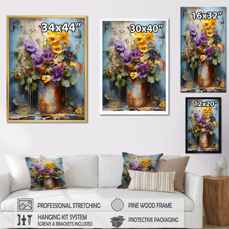 Vase Graffiti Urban Oasis Pansies, Cadre doré simple, H 20 po x l 12 po x P 1 po