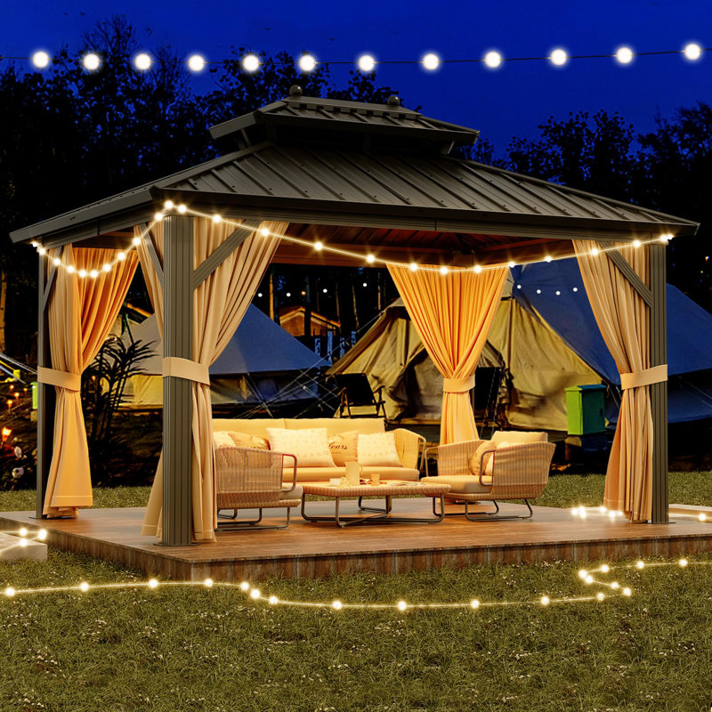 Hardtop Gazebo Double Roof With Nettings and Curtains, Aluminum Frame, Heavy Duty Galvanized Steel Outdoor Vertical Stripes Roof for Garden