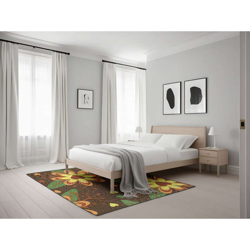 Tapis brun à motif floral Zayyan, Rectangle 5 pi x 7 pi