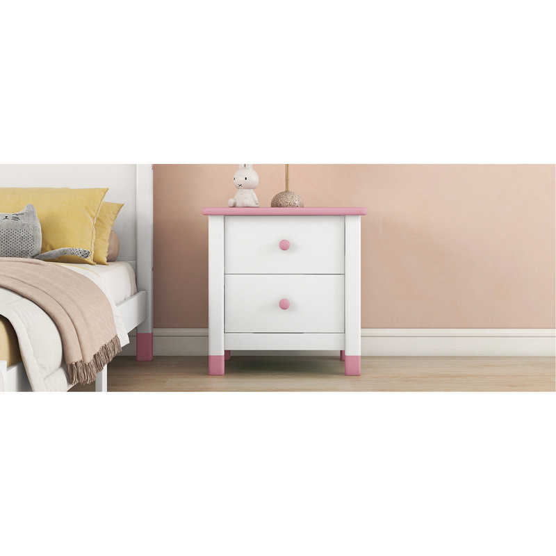 Table de chevet en bois avec deux tiroirs pour enfants, table de bout pour chambre à coucher, Rose/Blanc