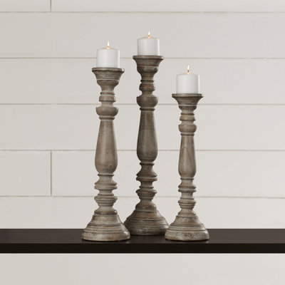 3 Piece Wood Tabletop Candlestick Set