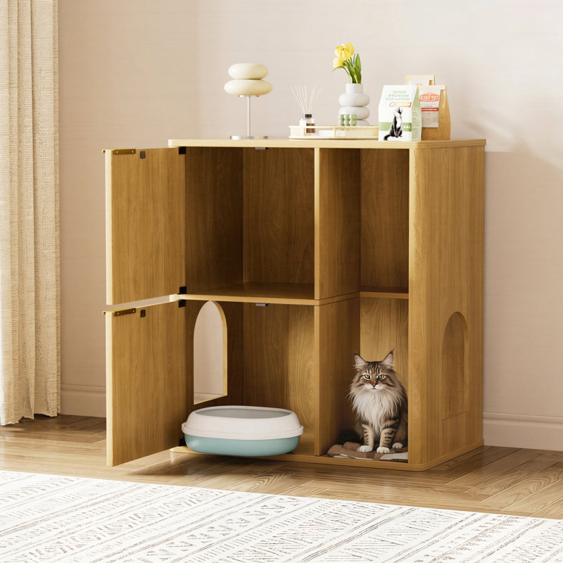 Cat Litter Cabinet with Cat Tree - Grooved Concealed Litter Furniture Featuring Dual Cat Doors and Storage Shelves, Natural