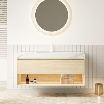 Meuble-lavabo flottant en contreplaqué de 48 pouces avec surface en pierre frittée épaisse, lavabo encastré en céramique, tiroirs, tablette et système d'éclairage à capteur, comptoir