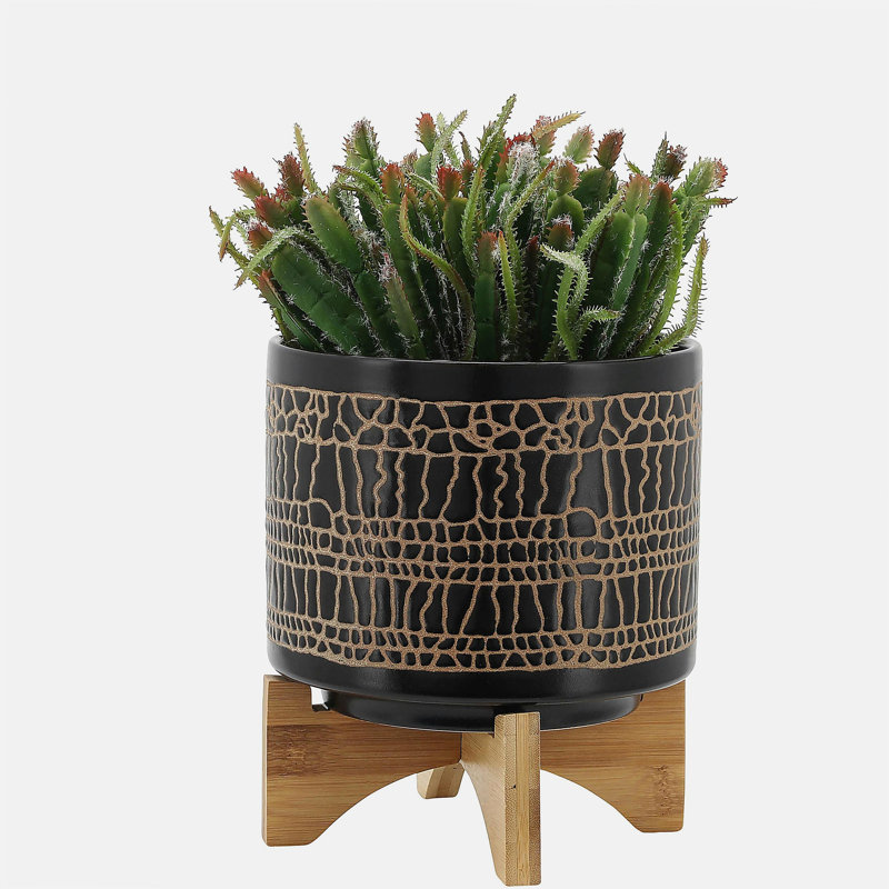 S/2 5/8" GLAZED PLANTER W/ STAND, BLACK
