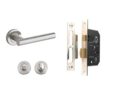 Golden Grace Straight T-Bar Bathroom Handle Lever on Round Rose Furniture in Stainless Steel Finish with Spindle and Fixings