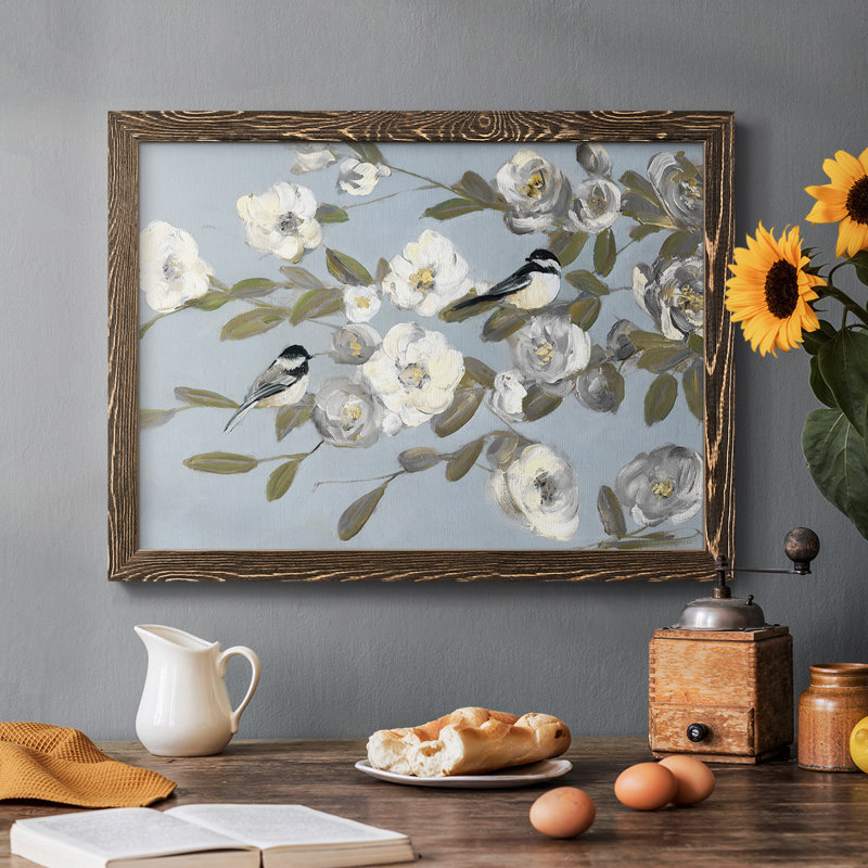 Chickadees And Blossoms I, reproduction d'art sur toile, Noyer, H 26 po x l 38 po x P 1,5 po