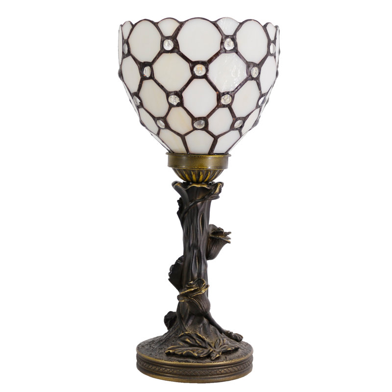 Petite lampe de table Tiffany en verre coloré 6 x 6 x 13,5 pouces pour bureau de chevet (perle crème)