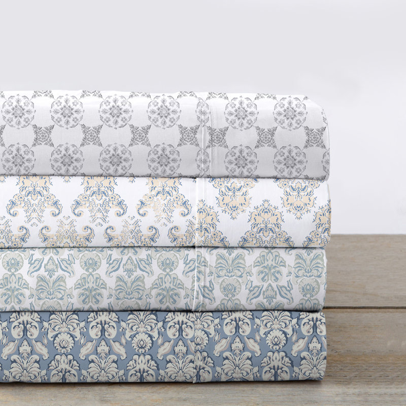Queen White and Green Cotton Percale Floral Sheet Set