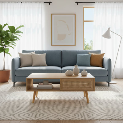 Table basse en rotin naturel, avec porte coulissante pour le rangement, pieds en bois massif, convient aux décors de salon modernes