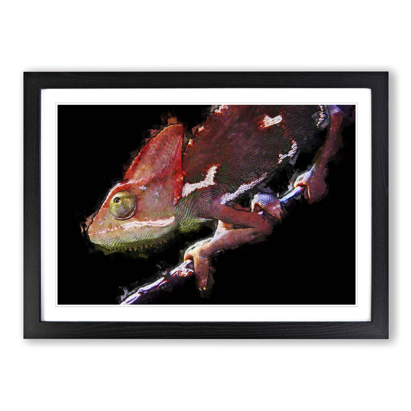 Red Chameleon Lizard in Abstract - Picture Frame Graphic Art Print, 62cm H x 87cm W x 2cm D, Black Framed