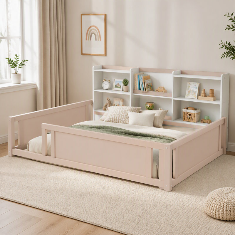 Lit plateforme pleine grandeur en bois avec barrière de sécurité et tablettes de rangement pratiques, Double, Crème, blanc
