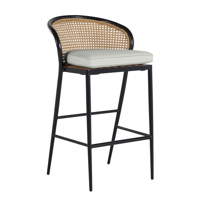Havana 29.75" Patio Bar Stool with Cushion, Welt, Chalk/Natural Cane, Intermix Indigo