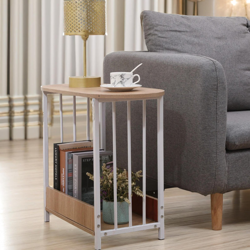 2 Tier Side Table with Storage Shelf, Accent End Table, Living Room, Oak