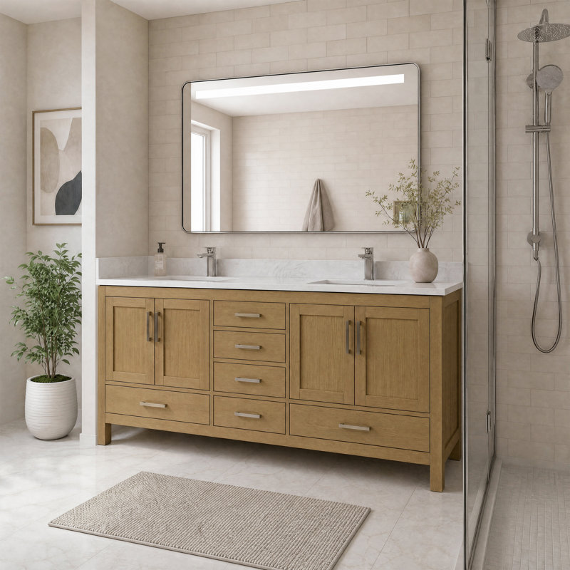 Meuble-lavabo 84 po à double évier pré-assemblé avec tiroirs et portes à fermeture en douceur, plateau en pierre reconstituée