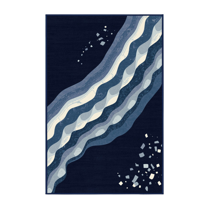 Machine Washable Orlena Global Inspired Block Print Rug in Blue – Navy Binding, 6 x 9