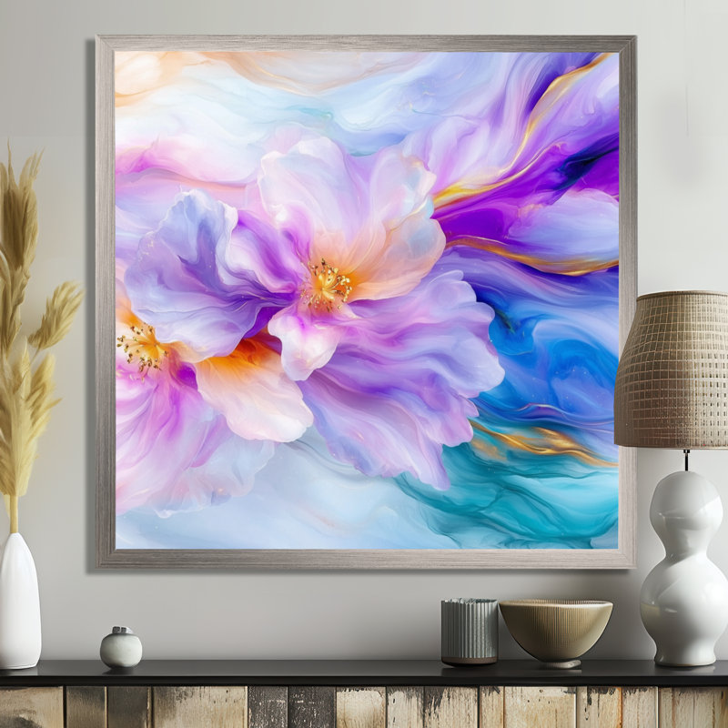 Natures beauté fleurs mauves agate II - fleurs murales abstraites, 30" H x 30" W, Argent argent