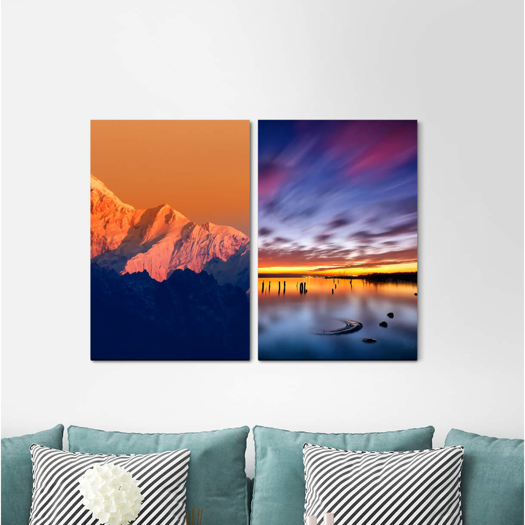 2-tlg. Leinwandbilder-Set - Grafikdruck „Mountains Glacier Orange Sunset Horizon Sea Clouds”