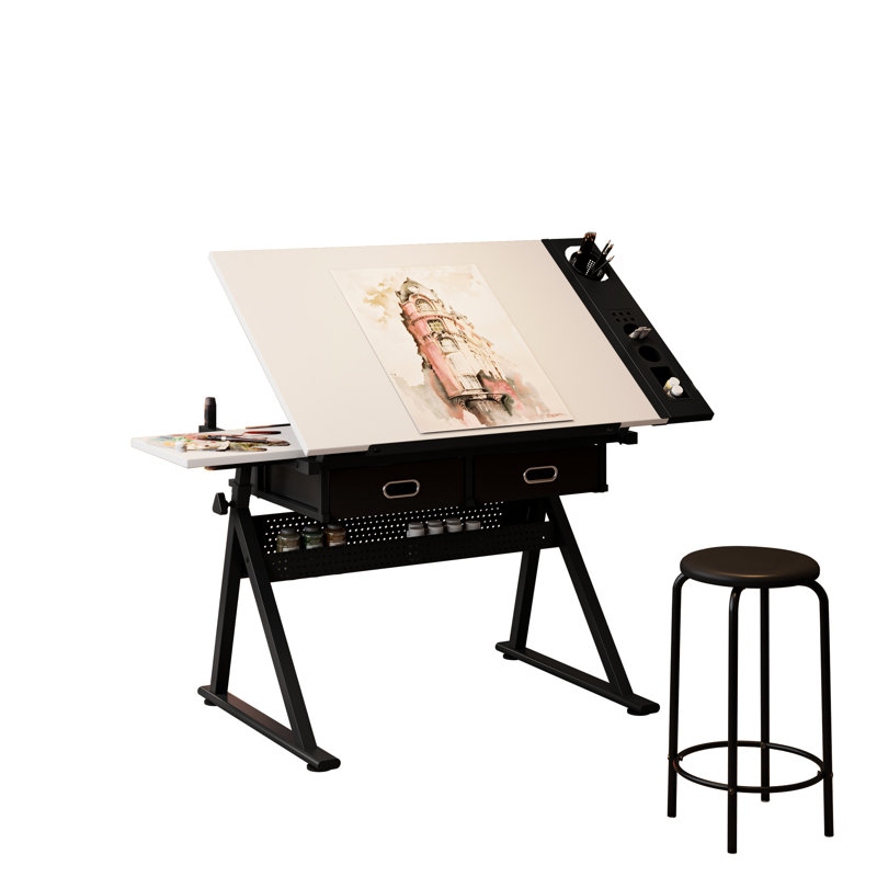 Bureau de dessin réglable pour le bureau à domicile et, bureau blanc inclinable 0 - 75, deux tiroirs en tissu non tissé, rangement en métal sur le côté, pieds inégaux, tabouret avec une bonne capacité de charge, limite de 150 kg