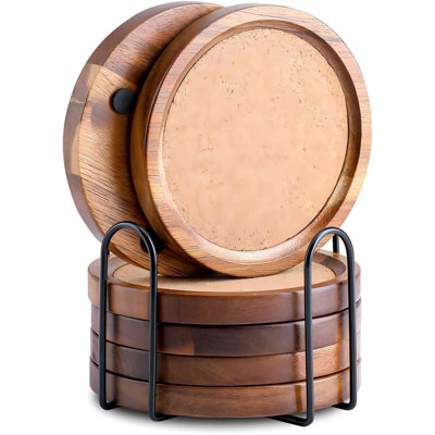 Sous-verres en bois de liège pour boissons avec support, ensemble de sous-verres en bois d'acacia, maison de campagne rustique pour table basse, table à manger, sous-verres en bois pour bureau, ensemble de 6