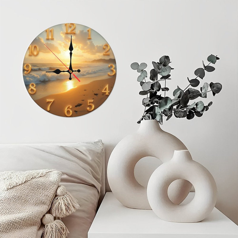 Horloge murale plage coucher de soleil océan décor doré