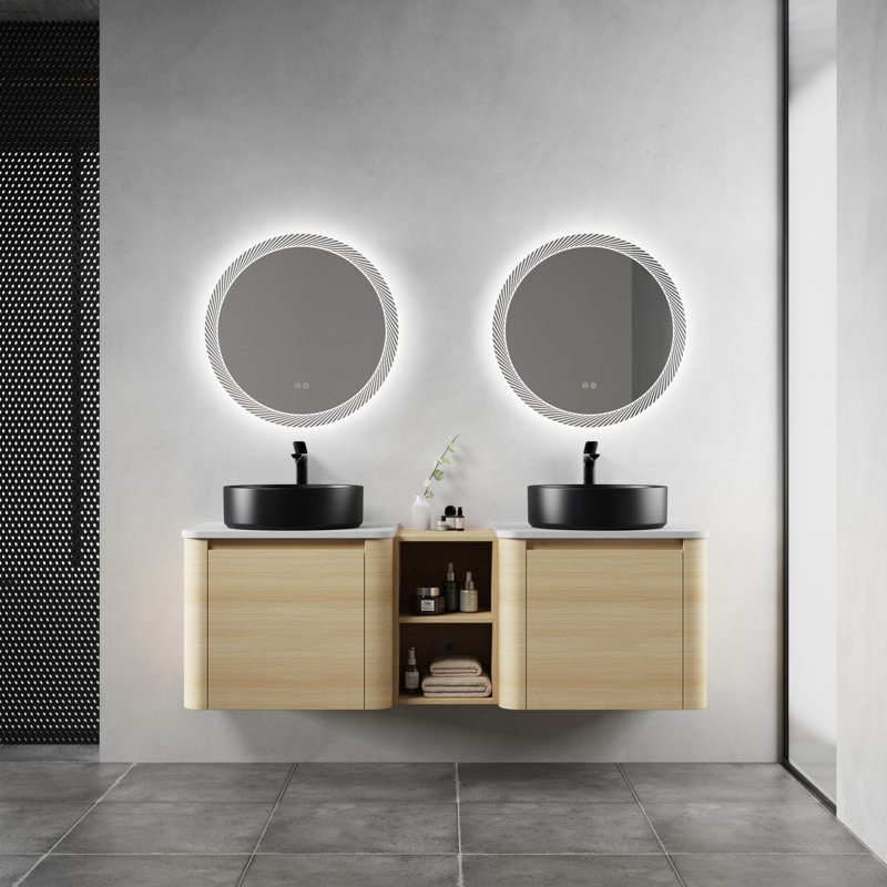 Meuble-lavabo mural 60 po avec lavabos en céramique et tablettes de rangement 60 po