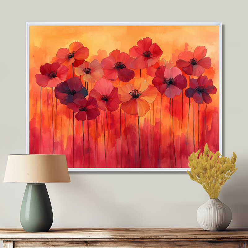 Geraniums en feu dans des nuances ardentes - Impression sur toile, Cadre flottant, H 16 po x l 32 po, Blanc