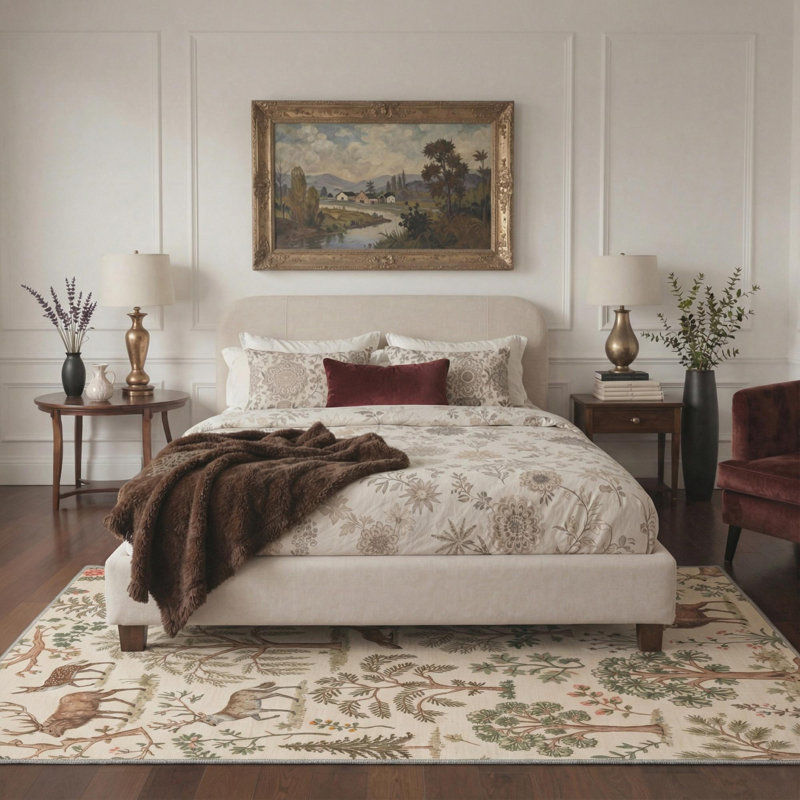 Eden Floral Machine Washable Brown / Beige Indoor Area Rug with Non-Slip Backing, Rectangle 5' x 7'