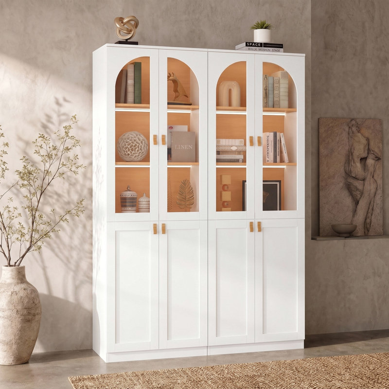 Bibliothèque blanche Cathcart 71"H x 47,2"L avec portes et étagères en verre, meuble de rangement avec bandes lumineuses DEL (2 pièces)