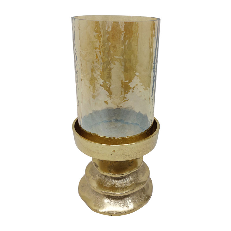 Porte-bougie sur pied en verre ambre avec base en métal doré, H 9 po x l 5 po x P 5 po