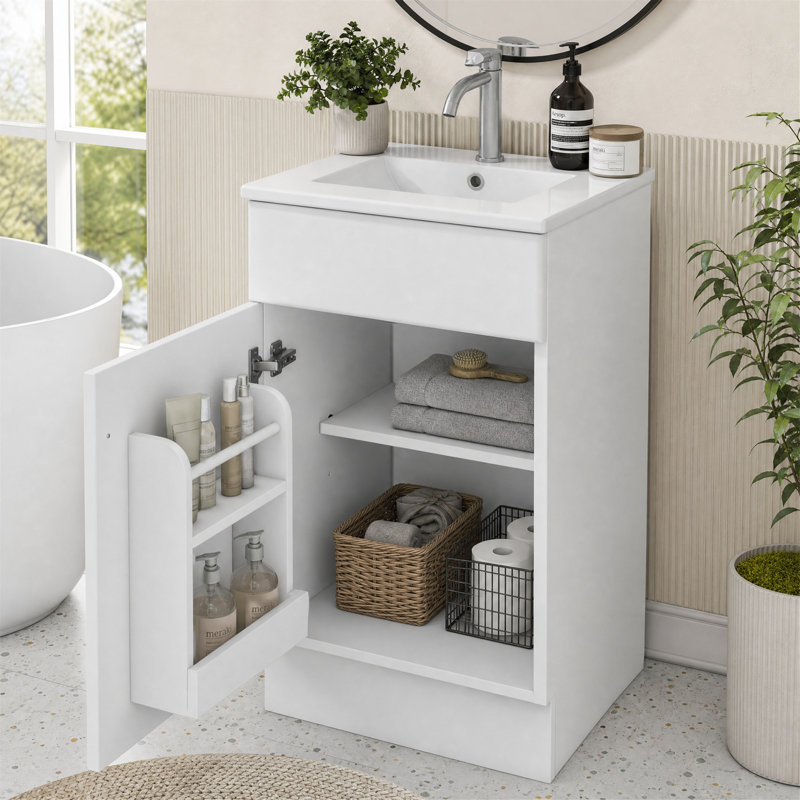 Meuble-lavabo 18 po avec lavabo en céramique, rangement de porte et tablette réglable, blanc, Blanc