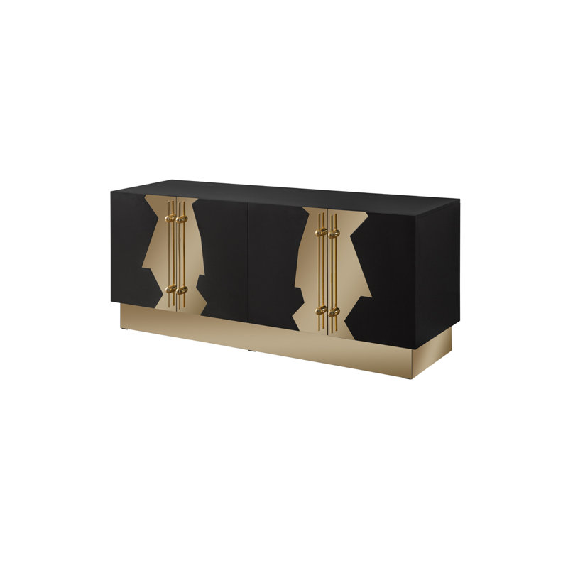 Callista 4-Door Sideboard with Art Deco Doors and Interior Shelves , Black/Gold