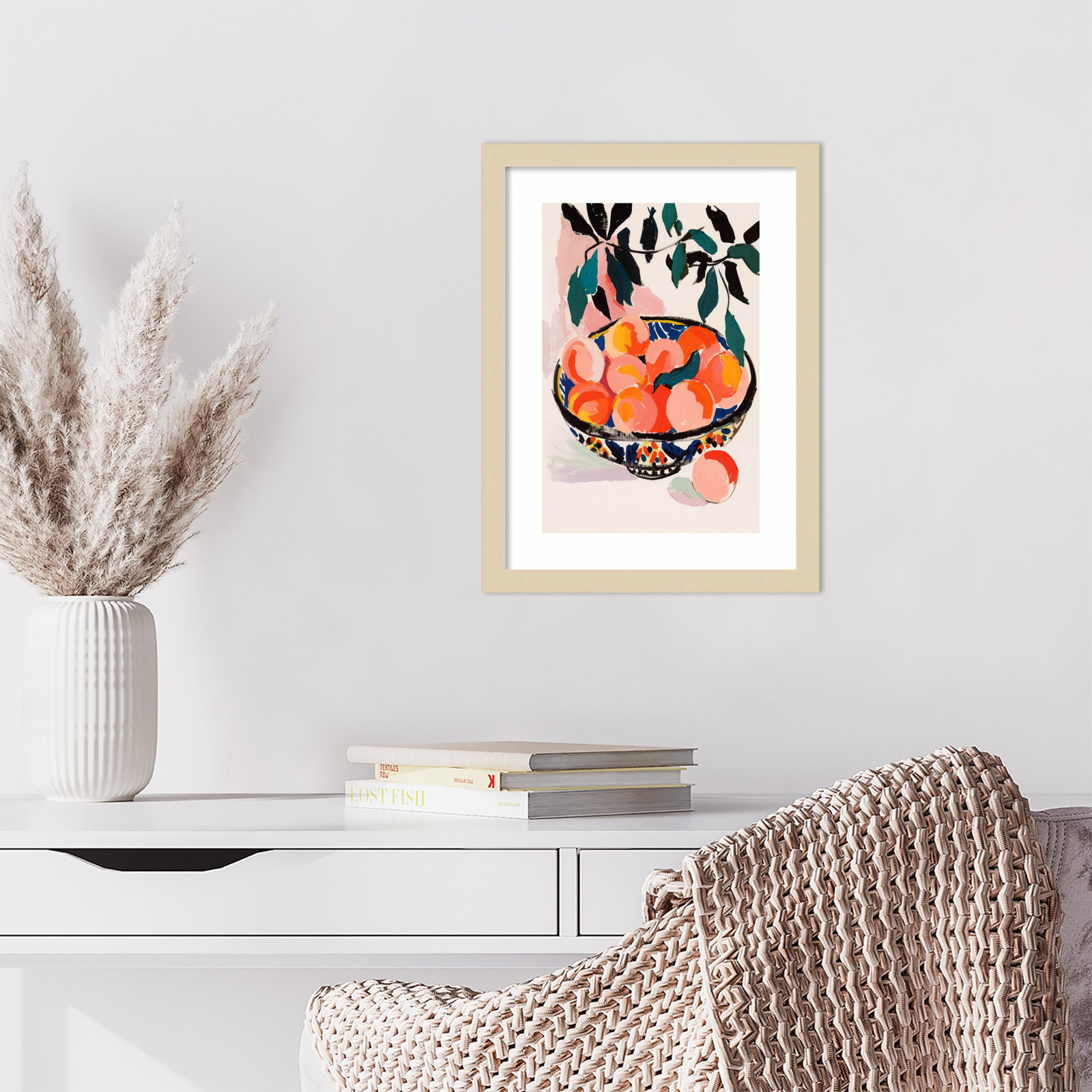 Ottilie "Fresh Peach Fruit Bowl" Print, Brown Framed, 17" H x 13" W