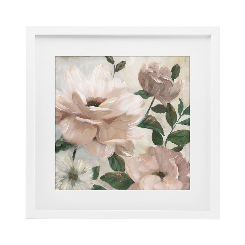 «Budding Blush», reproduction sous verre encadrée de pivoines et de feuilles, design par Nan, H 13 po x l 13 po