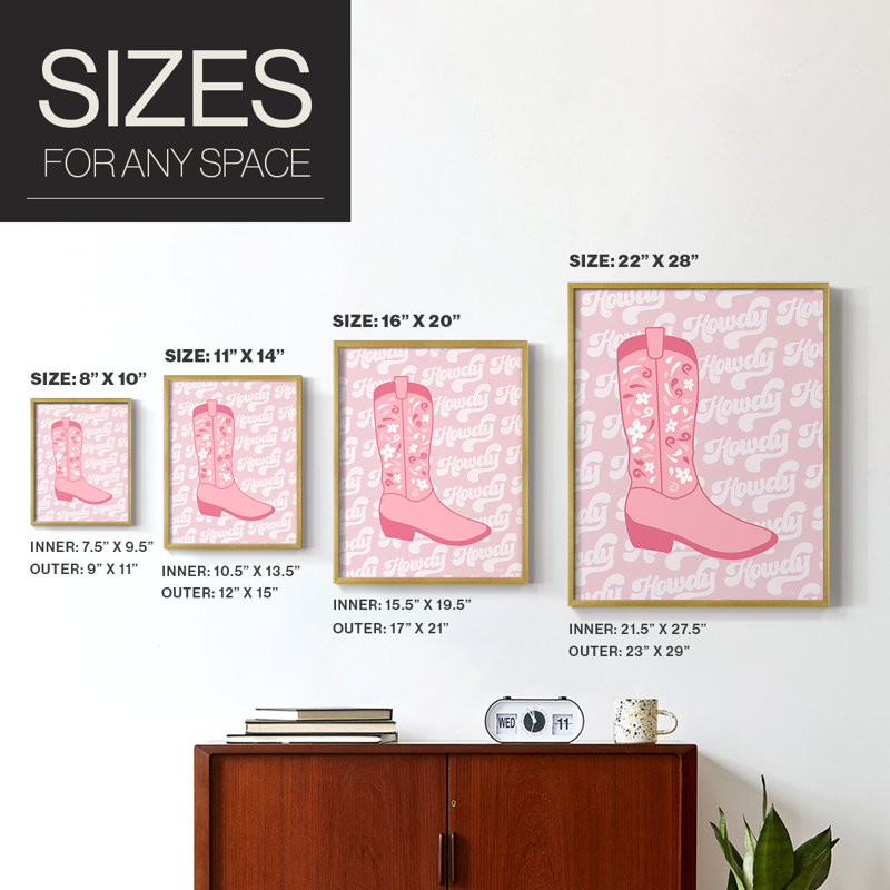 Retro Howdy Boot Framed Print - Solid Wood, 15" H x 12" W, Gold