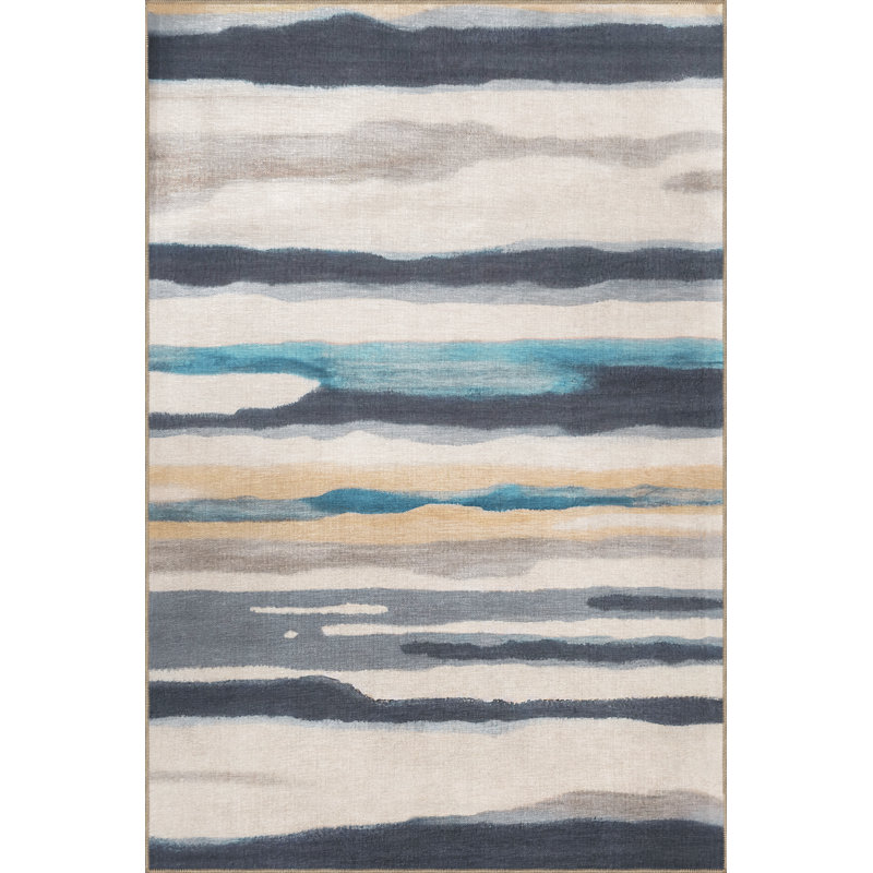 Tapis décoratif moderne à rayures abstraites beige et gris, Rectangle 4 pi 11,06 po x 9 pi 10,11 po