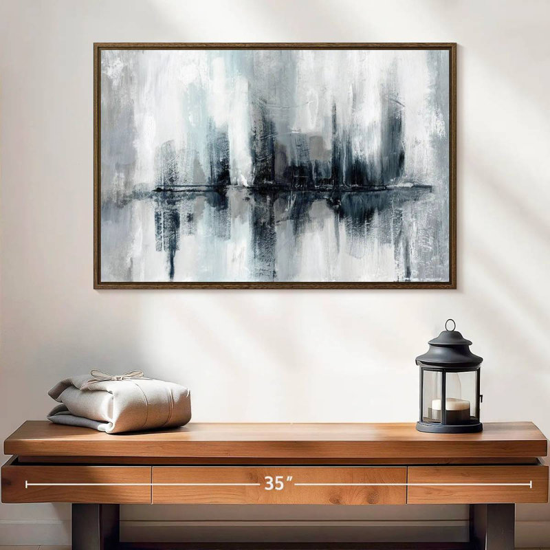 Lumières de port indigo, 25 po x 17 po, Cadre flottant en noyer