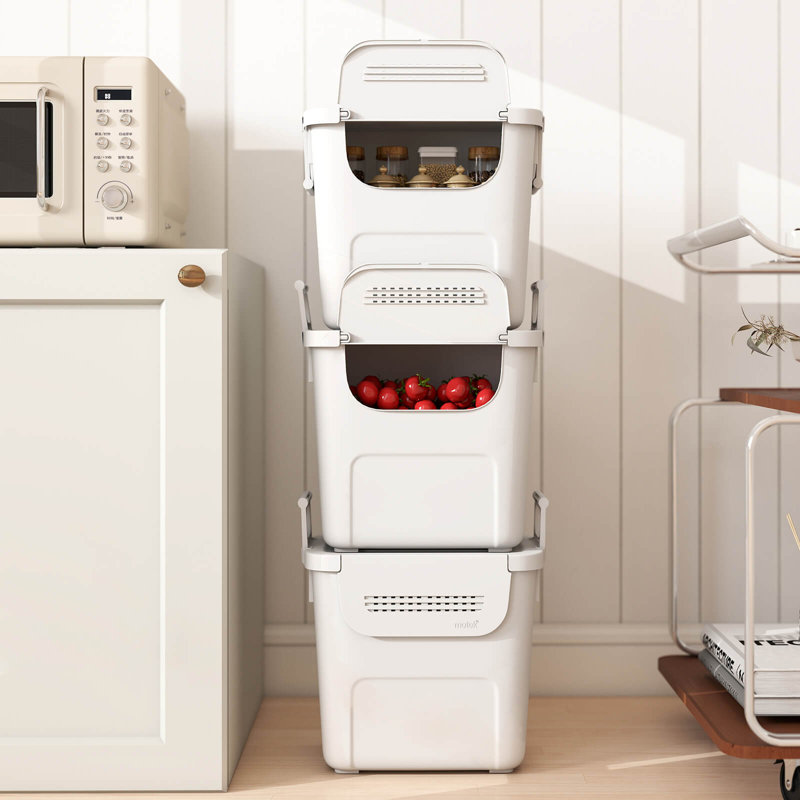 3 bacs de rangement en plastique avec porte avant et poignées latérales pour la cuisine, chambre blanche