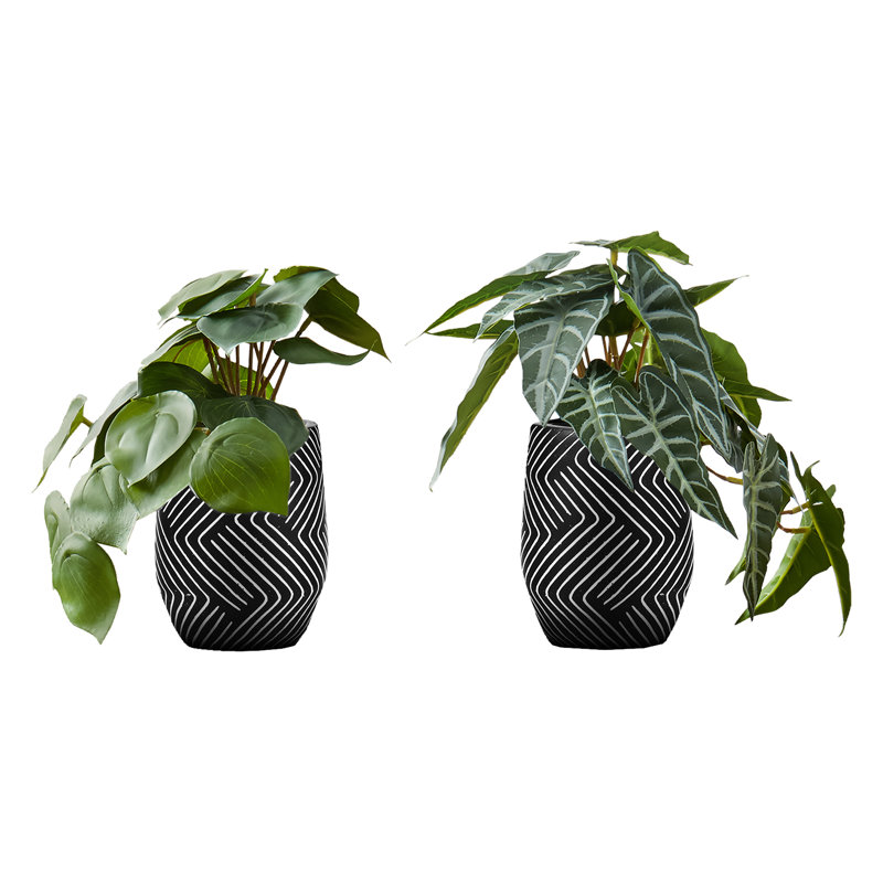8 pouces de haut avec 2 plantes artificielles pour la verdure d'intérieur et la table 8 pouces de hauteur avec décorations de pots en ciment noir