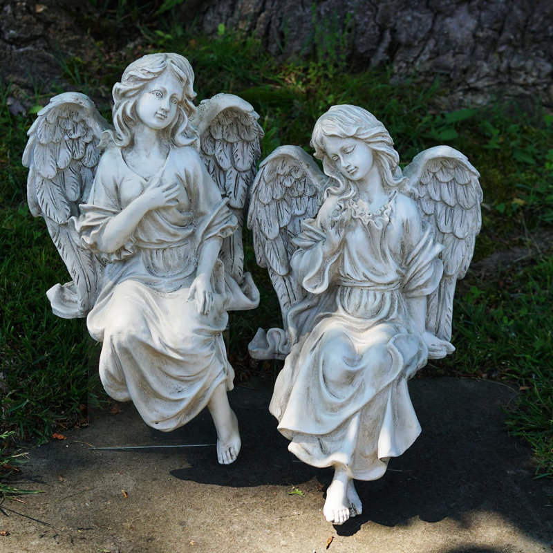 Statues de jardin en plein air ange assis, Blanc cassé