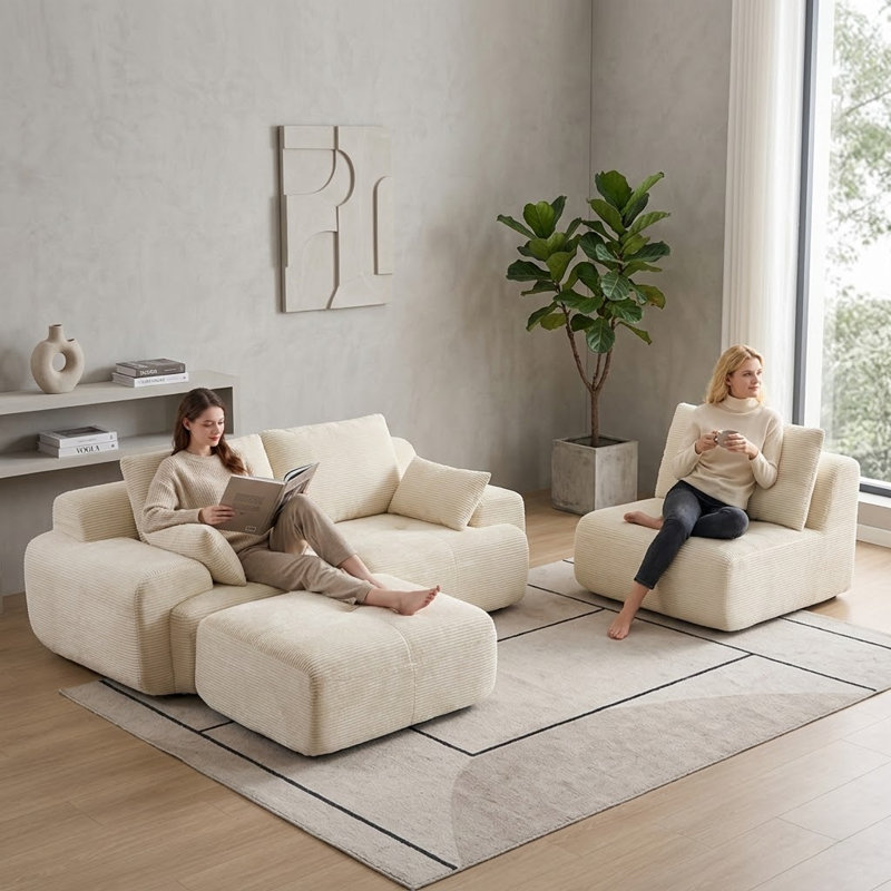Modern Extra Deep Compression Corduroy Modular Sectional, Beige