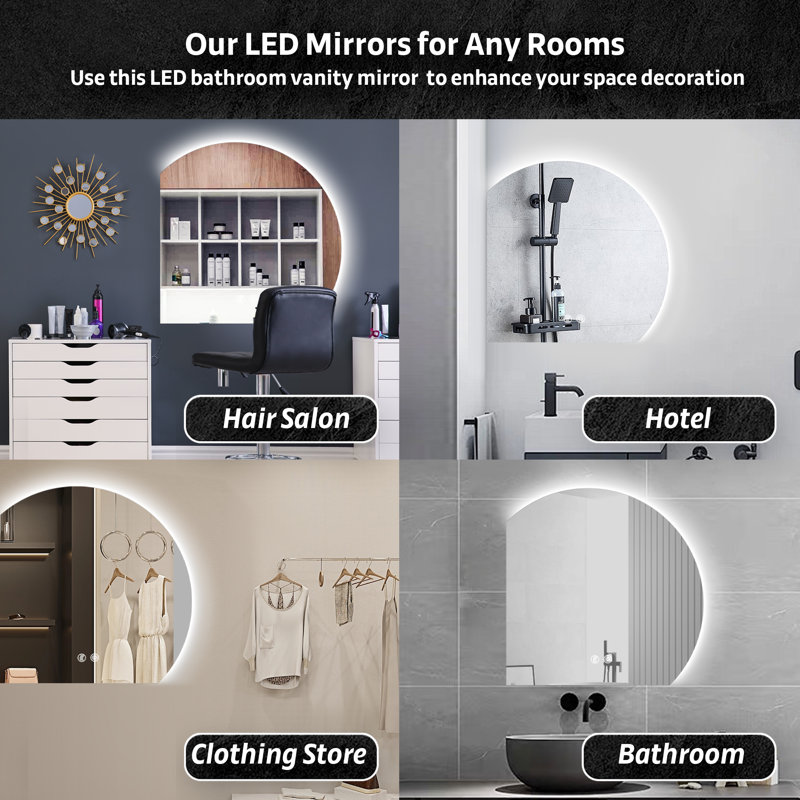Wall Mounted Dimmable Semicircular LED Mirror Anti-Fog Backlit Lighted Bathroom Vanity Mirror, 32" x 32"