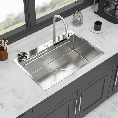 Évier de cuisine à cascade encastrée 33 po - 33 po x 22 po x 10 po à évier simple en acier inoxydable de calibre 16 avec poste de travail et robinet lavable