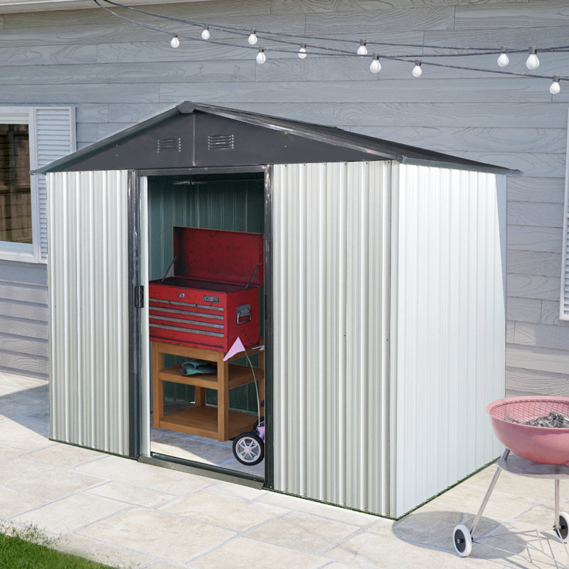 8Ft X 4Ft Metal Storage Shed For Backyard. And Rust-. White Black Finish. Tilted Roof Extra Storage. Lockable Door Protection. Air Vents. Comes With Foundation, Anchors, Hooks, Shelf, Lock & Gloves