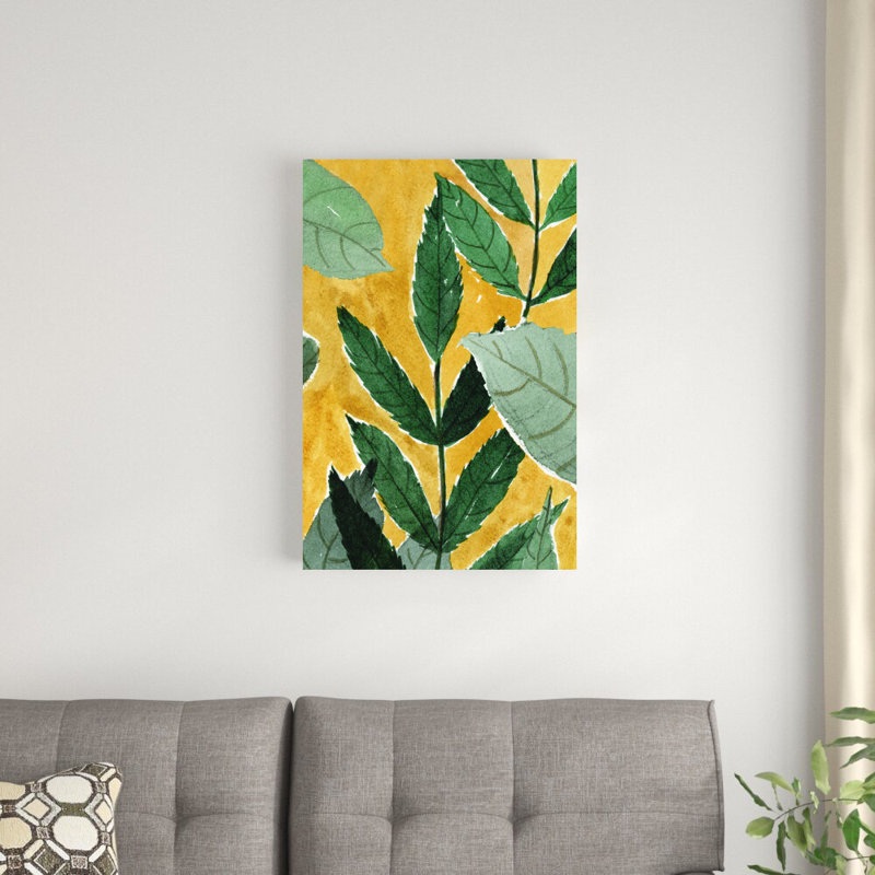 Feuilles vertes sur fond jaune - impression, H 30 po x l 20 po