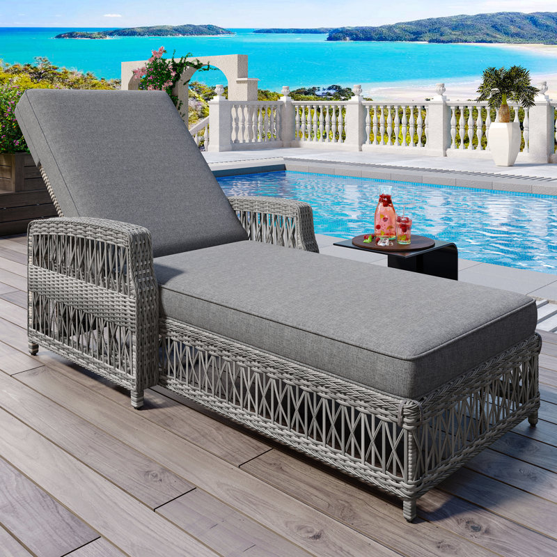 Outdoor Long Reclining Chaise, Wicker Lounge With Armrests, Patio Adjustable Recliner With Soft Removable Cushions, All Weather Rattan Pool Lounge For Poolside & Garden