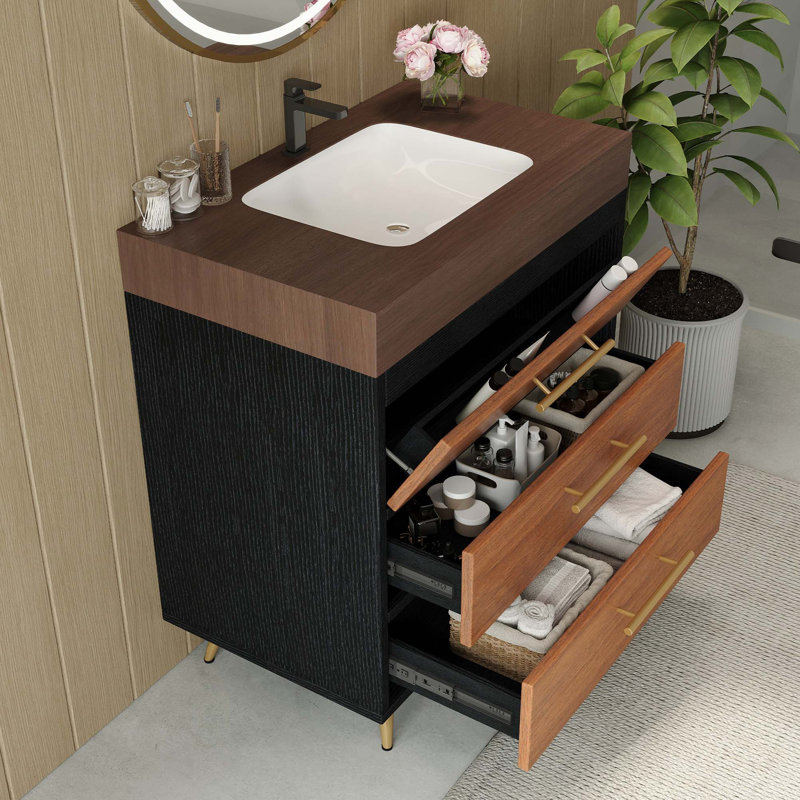 Meuble-lavabo autoportant Modern Farmhouse avec vasque en céramique et plateau en pierre frittée, Noir / brun, Noyer